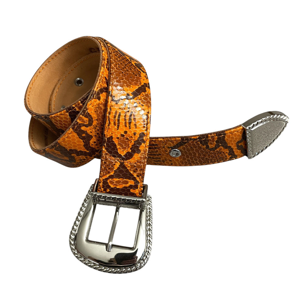 GRLFRND Leather Belt Large Womens Orange Snake Print Silver Buckle Rope 1.25"